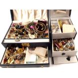 Two jewellery boxes and contents plus a mother of pearl silver fruit knife