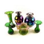 Various items of iridescent and lustre glass vases