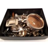 A silver plated coaster plus various plated cutlery