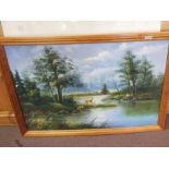 Various pictures and prints including deer and lake oil on canvas,