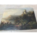 An unsigned oil on canvas of a Scottish castle on hill surrounded by trees looking towards a lake,