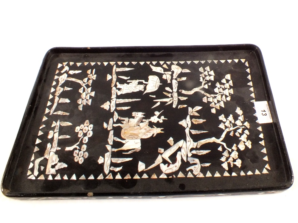 A Chinese mother of pearl figure and horse decorated tray,