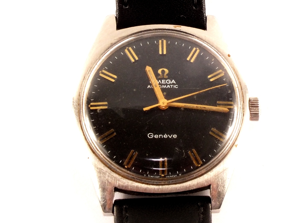 A gents stainless steel Omega Automatic Geneve wristwatch with black dial