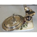 A silver plated entree dish with deer handle plus a hot water jug