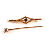 A 9ct gold pink stones etc bar brooch plus a stick pin