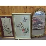 Two Japanese bird silk pictures plus a gilt mirror