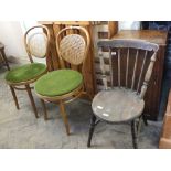 Two bentwood Dinette dining chairs with green velvet upholstery,