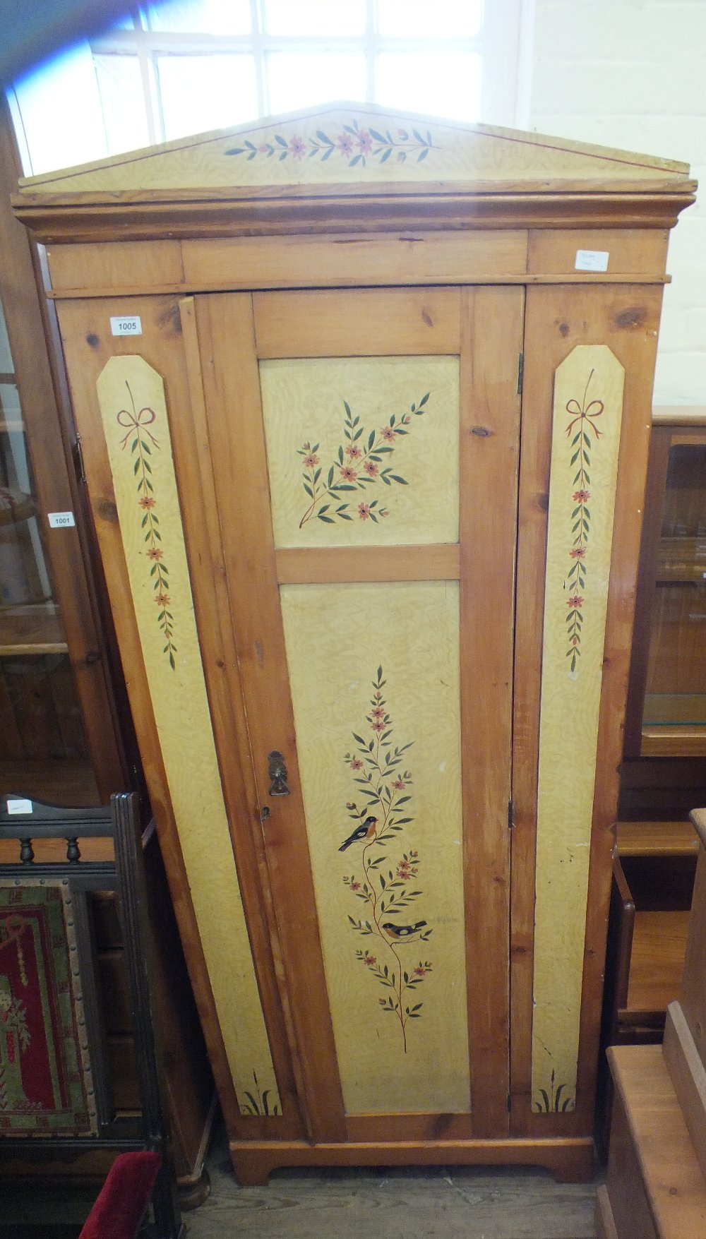 A pine single door wardrobe with painted floral and bird stencils and a matching tile back - Image 2 of 2