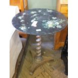 A Victorian walnut circular occasional table on barley twist column with bird and floral painted