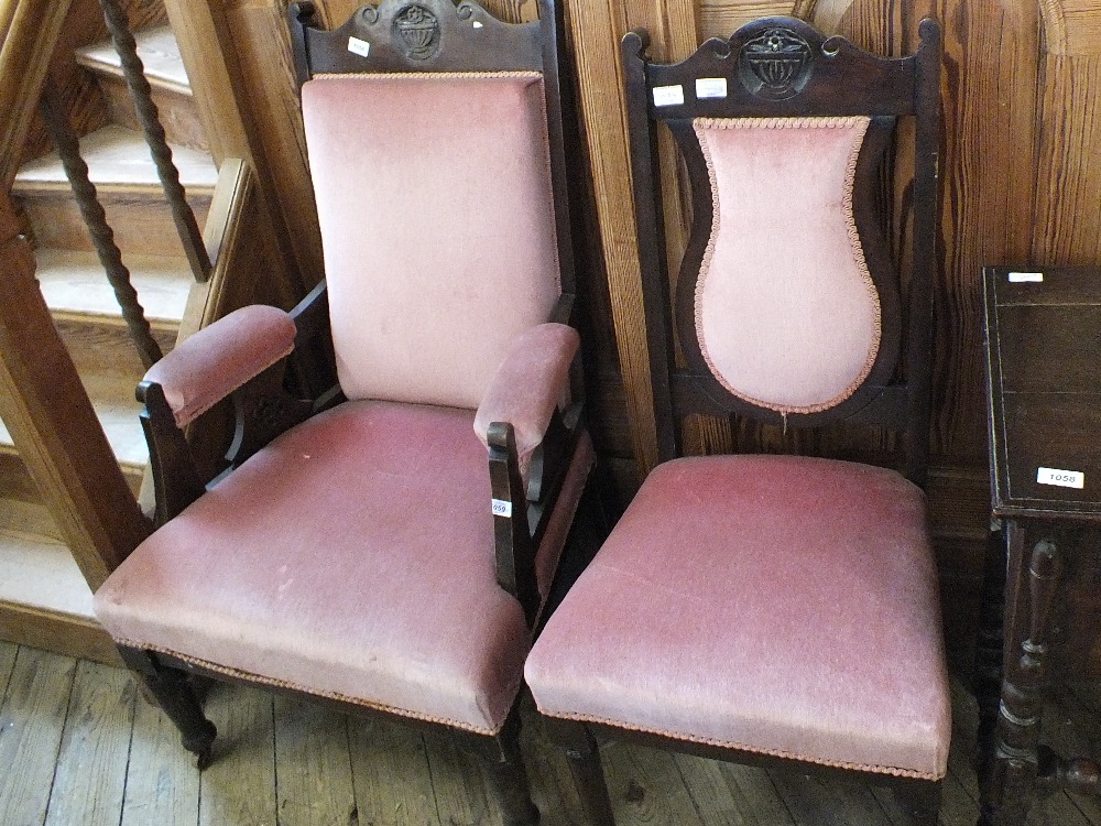 An Edwardian pink draylon upholstered armchair and matching bedroom chair