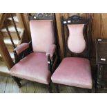 An Edwardian pink draylon upholstered armchair and matching bedroom chair