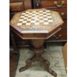 A Victorian rosewood trumpet sewing box with inlaid marquetry decoration including a chess board