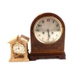 An Edwardian inlaid mahogany striking mantel clock plus one other