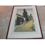 Japanese woodblock print, Hillside Village Street, signed top right,