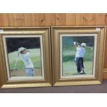 A pair of oil on canvases of golfers in motion in gilded frames,