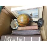 A geographic terrestrial globe plus books and china etc including a carved bone needle case