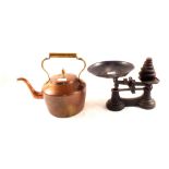 A Victorian copper kettle plus kitchen scales and weights