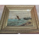An oil on canvas of a pier head scene with sailing vessels,