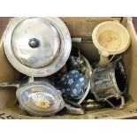 A silver plated three piece tea set plus other items