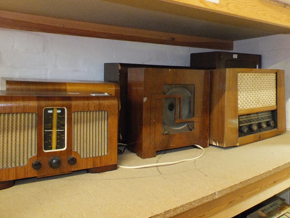 Five wooden cased mains radios, Cossor, Bush,