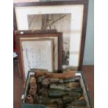 Various nautical pictures plus a box of old bottles