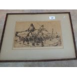 An indistinctly signed etching of a pair of long shore men with nets,