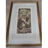 An indistinctly signed etching of a male figure in rapture,