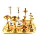 Various mainly pairs of brass and silver plated candlesticks