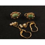 A pair of 18ct gold seed pearl set earrings and a pair of 14ct gold turquoise earrings