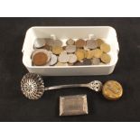 An engraved silver snuff box, white metal sifter spoon,