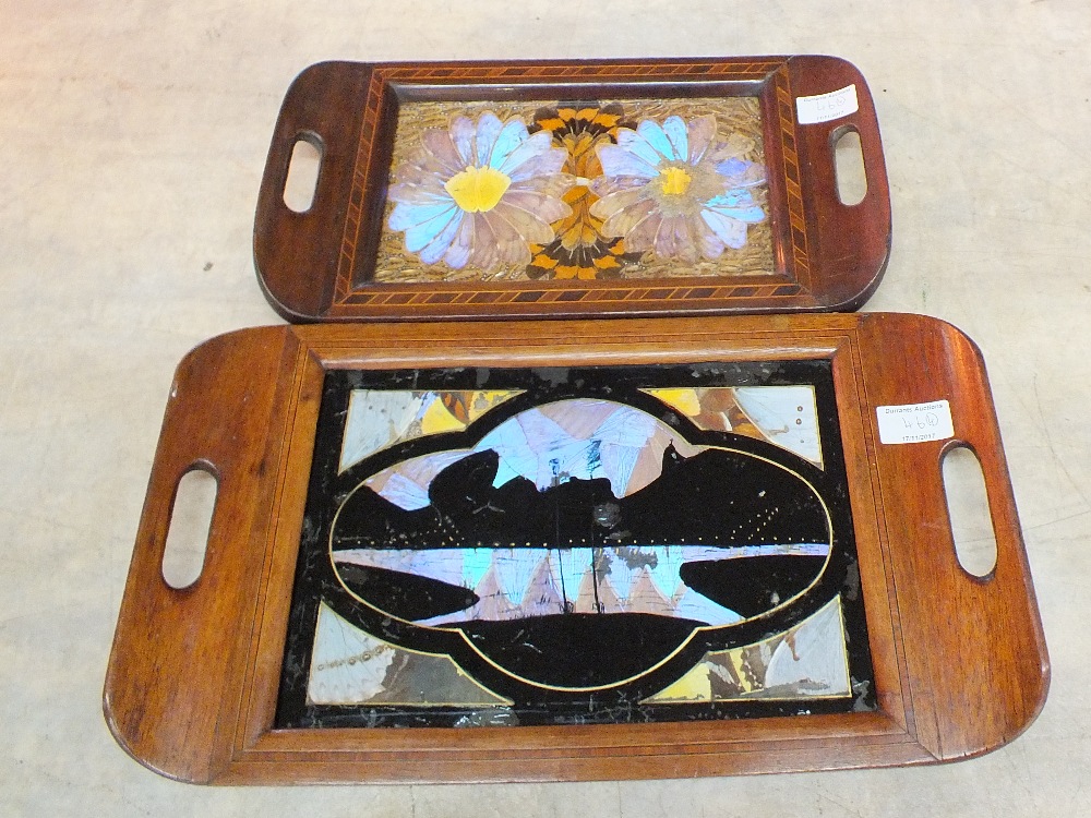 Two South American inlaid mahogany and butterfly wing trays plus Walpoles British Traveller - Image 3 of 3