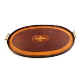 A heavy twin brass handled mahogany and satinwood oval gallery tray with inlaid urn motif,