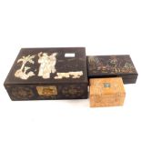 A Japanese lacquer jewellery box with mother of pearl figure decoration plus two others
