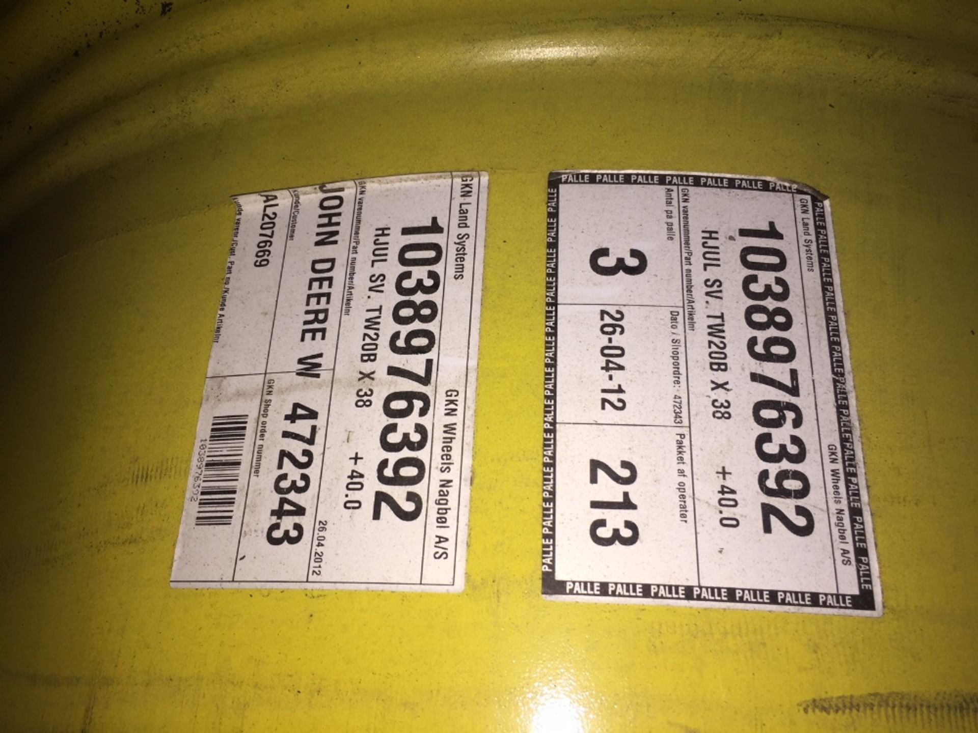 Pair of 600/85R38 wheel rims, JD yellow, 10 stud. DW20. - Image 2 of 4