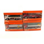 Four boxed Tekno Ford D0810 trucks, 915 red and grey, 916 red grey and green,