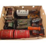 Items of tin plate including Meccano steam engine,