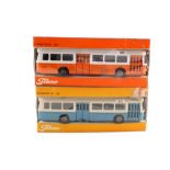 A boxed Tekno Scania CR76/851 coach in blue and cream plus one other in orange and white,