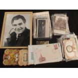 A signed Harry Worth photo, postcards,