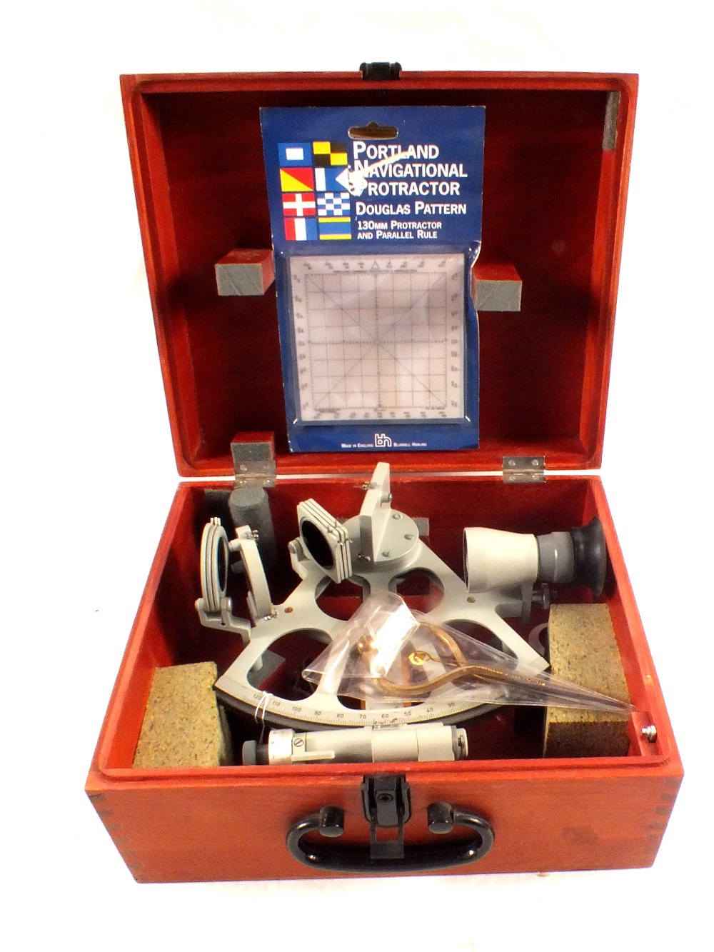 A cased German sextant with Carl Zeiss label to lid together with other navigational items etc