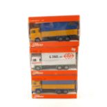 Three boxed Tekno lorries, Volvo F89/425 in white, green and orange G.