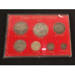 A cased 1887 Jubilee coinage 3 pence to crown