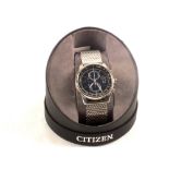 A boxed gents Citizen Eco-Drive WR100 stainless steel dark blue dial mesh chronograph watch,