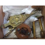 A Victorian brass and copper warming pan plus other brassware etc including a vintage wooden