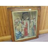 A Victorian maple framed religious tapestry plus one other