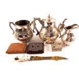 A silver plated two piece tea set plus other items