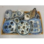 Three 19th Century egg cruet stands plus other blue and white china