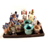 Reproduction Staffordshire figures plus other china including Pratt ware jars (two trays)