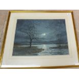 Francis F Partridge watercolour of a moonlit lake scene,