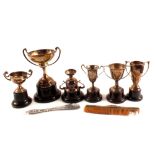 Six various silver trophy cups all with inscriptions together with a silver comb (as found) and a