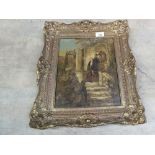 A Victorian oil on canvas of a building entrance with figures,